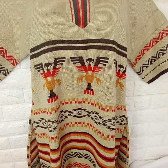 Vintage 70s-80s Aztec Southwestern Sweater Tunic Collar SSL Slits Fringe -10/12 - Picture 3 of 11